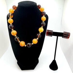 Napier vintage bead necklace brown amber orange lucite statement with earrings